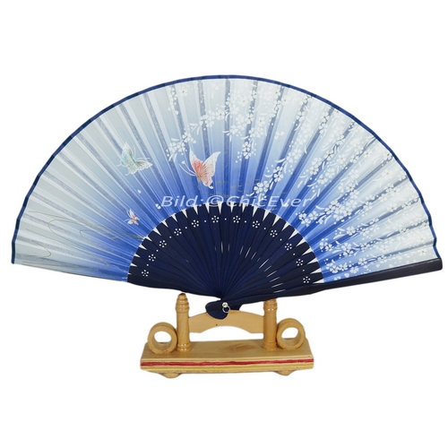 Fächer Handfächer Bambus Seide Blumen&Schmetterlinge blau 7293e - zum Schließen ins Bild klicken